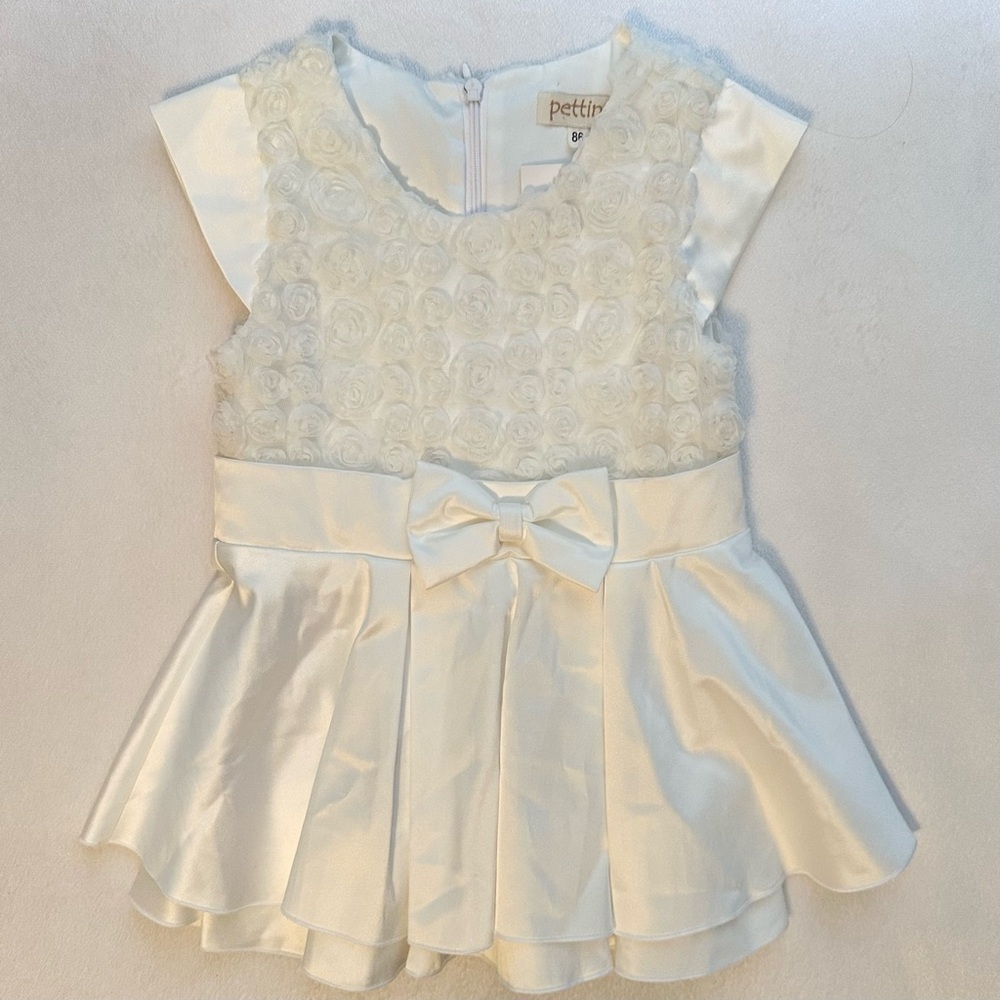 Pettino White Satin & Floral Chiffon Bow Wedding Baptism Dress Baby Girl 18-24M